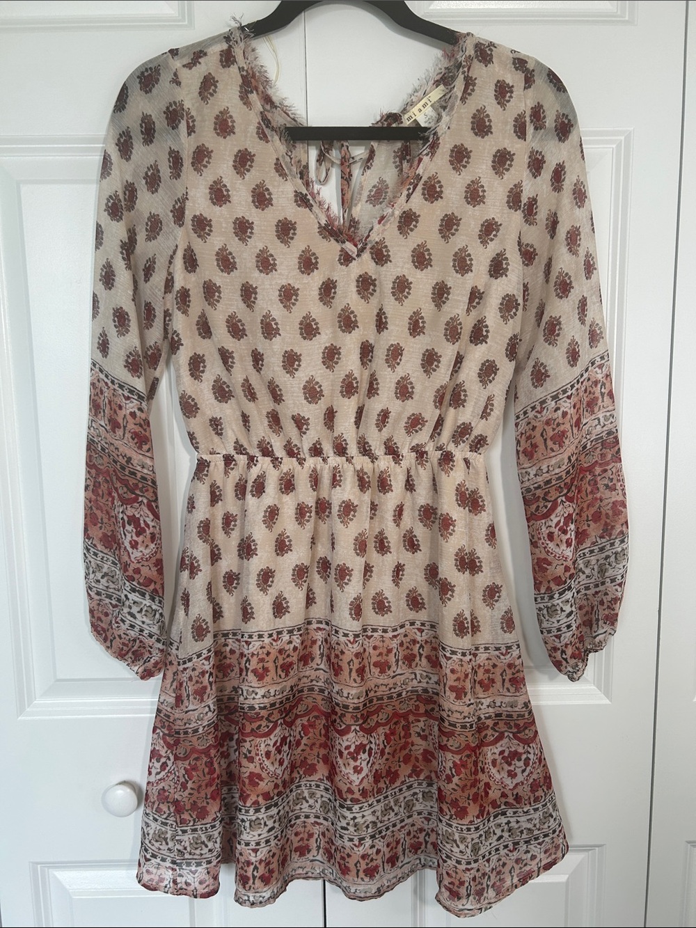 miami Cream and Rust Paisley Long-Sleeve Boho Dress